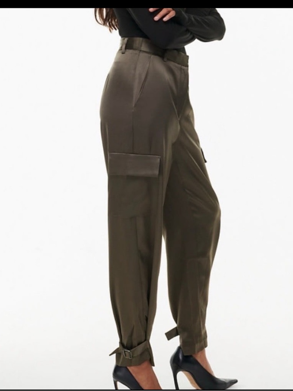 Babaton Aritzia Satin Cargo Pants Olive Green/brown High Rise 2‎